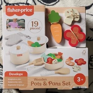 Fisher-Price Wooden Kitchen Pots & Pans NIB NEW